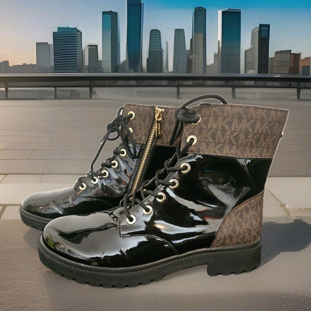 Michael Kors Alistair Boots Patent Leather Black Combat Boot Size 10